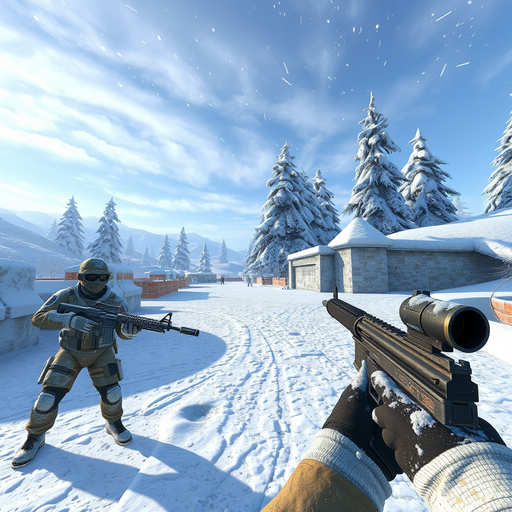 Новая зимняя коллекция скинов Counter-Strike 2 с заснеженными текстурами и ледяными эффектами на фоне зимнего пейзажа